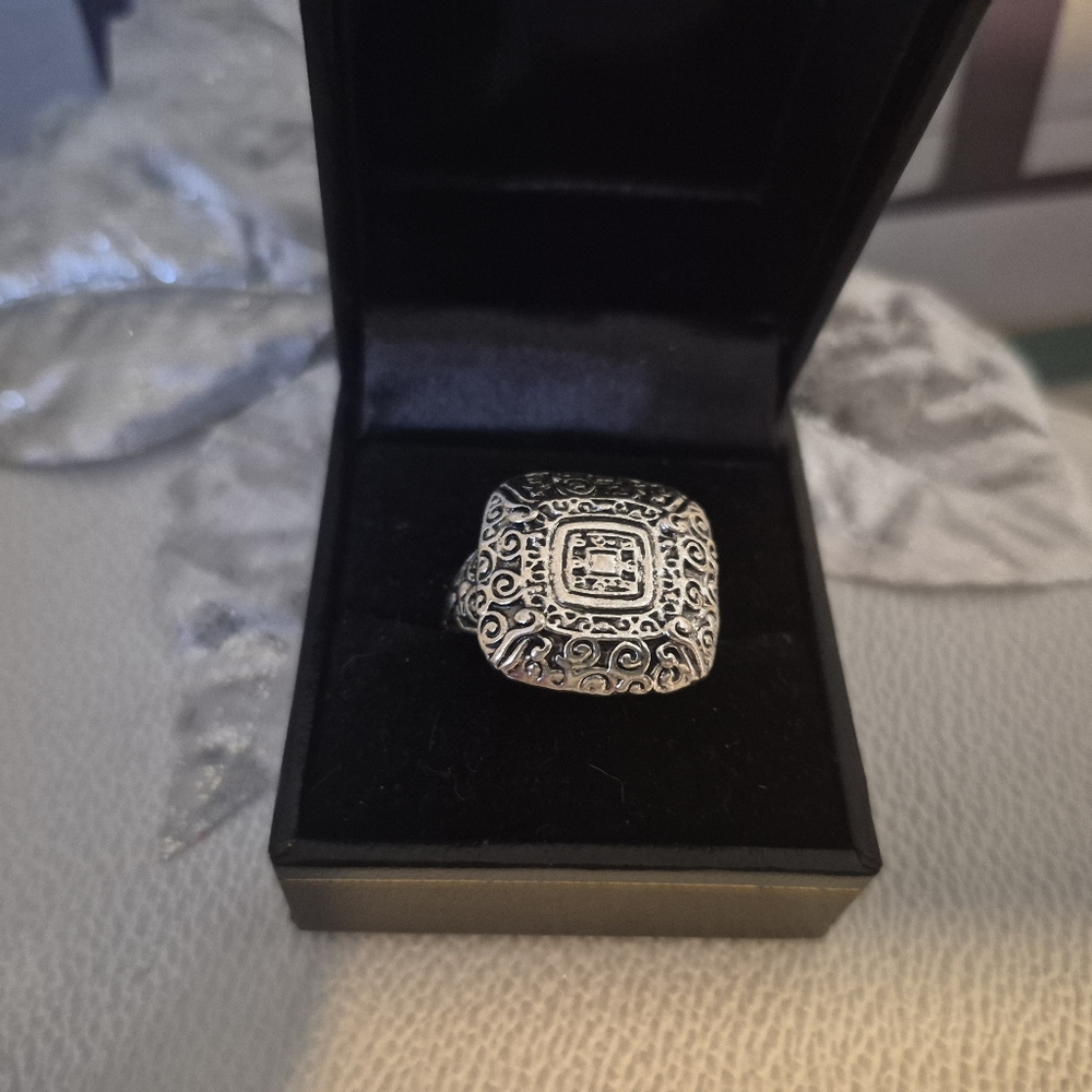 Intricate Etched Silver Steel Ring Sz 10